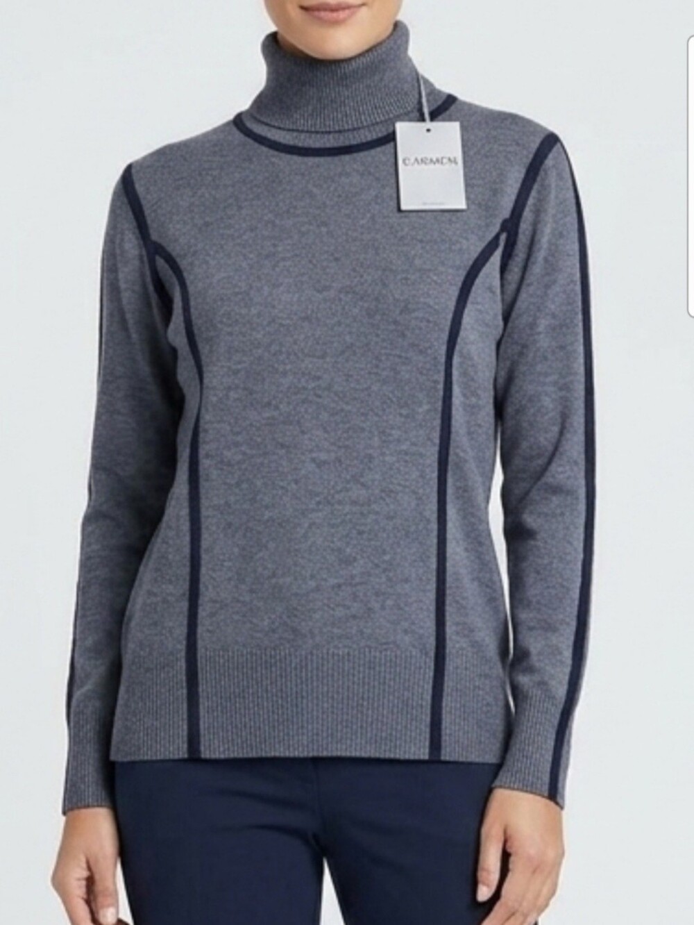 NWT Carmen Marc Valvo Gray Turtleneck Sweater Contrast Piping Panels Large